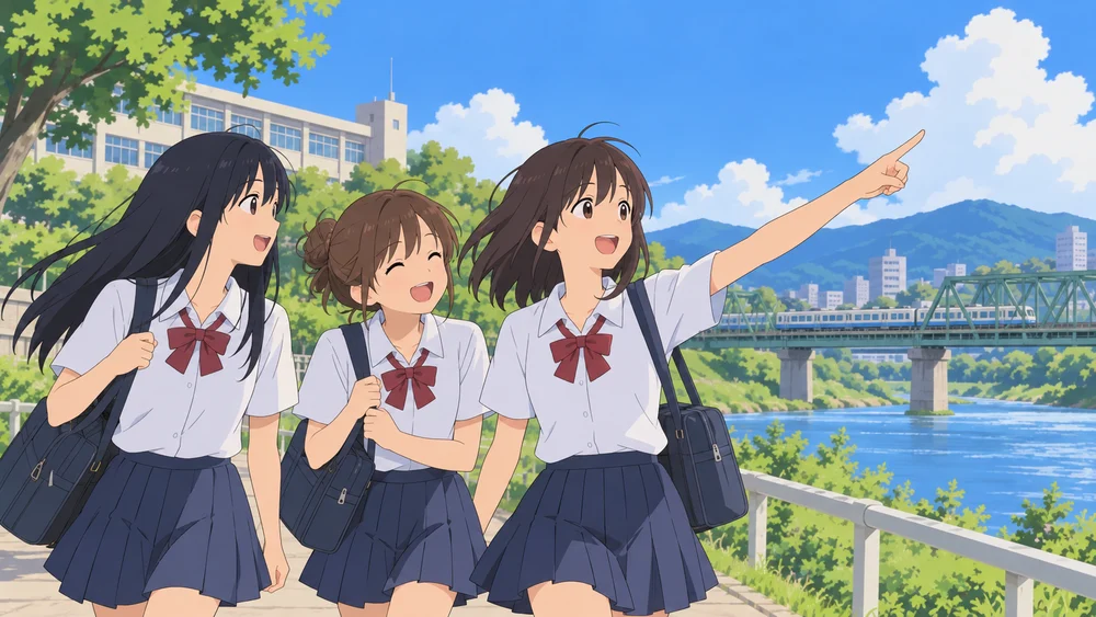 青空の下で友達と笑う女子高生たち。青春アニメーションの制作イメージ