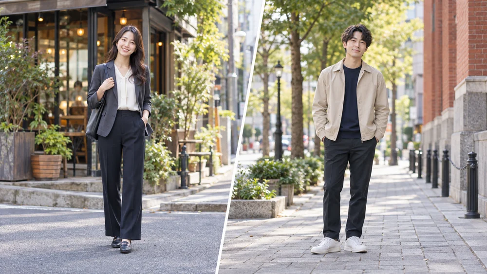 男性と女性の街角全身ポートレート
